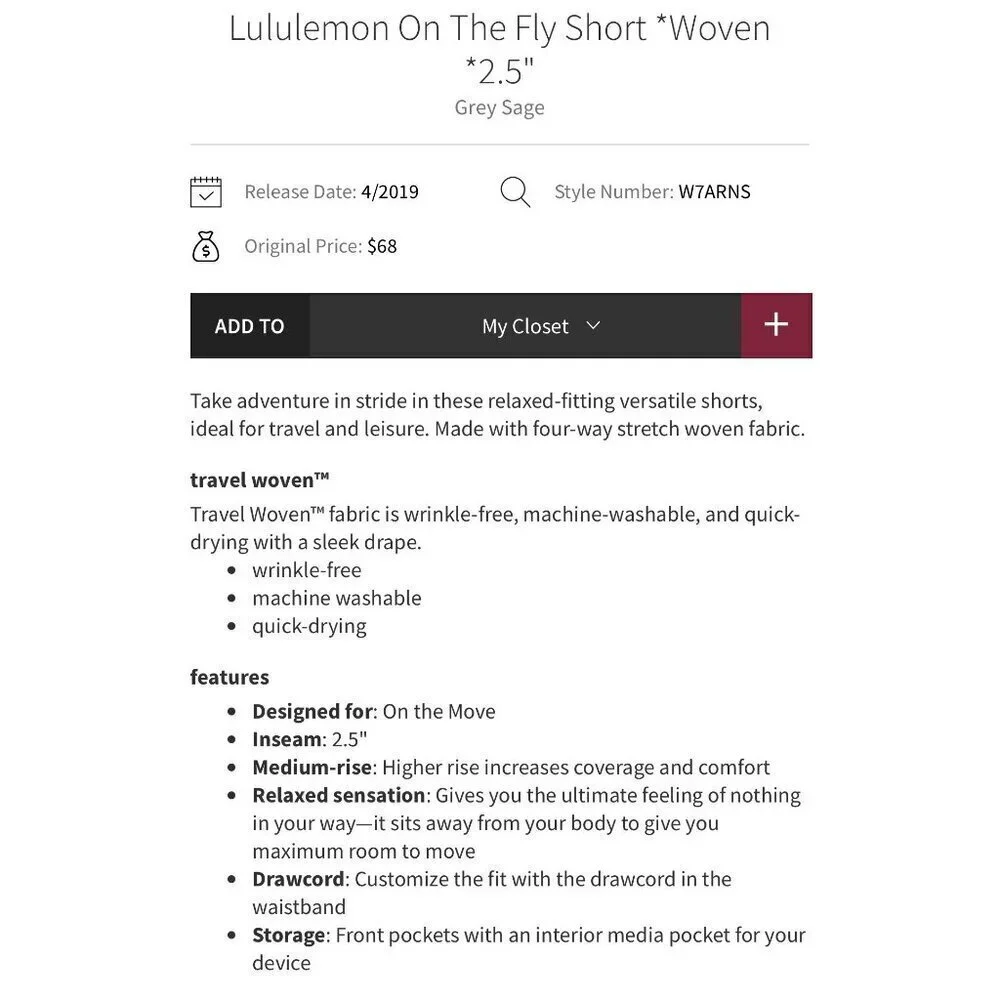 Lululemon On the Fly Short Woven 2.5” - Grey Sage - Size 6 J189